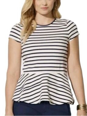 Ralph Lauren Navy and White Ruffle Peplum Striped Short Sleeve Tee